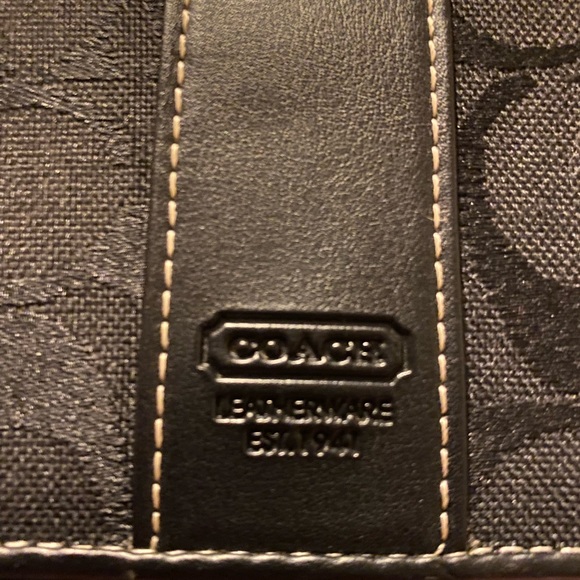 Coach trifold canvas black on tan with leather accents. - Picture 2 of 9